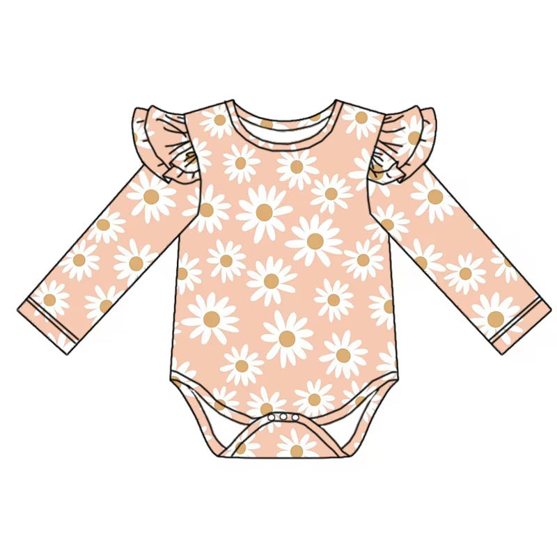 Custom moq 3 eta 6-8weeks Small daisy long sleeves flying sleeves lotus pink romper