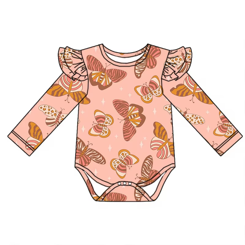 Custom moq 3 eta 6-8weeks Striped butterfly long-sleeved flying sleeves pink and orange romper