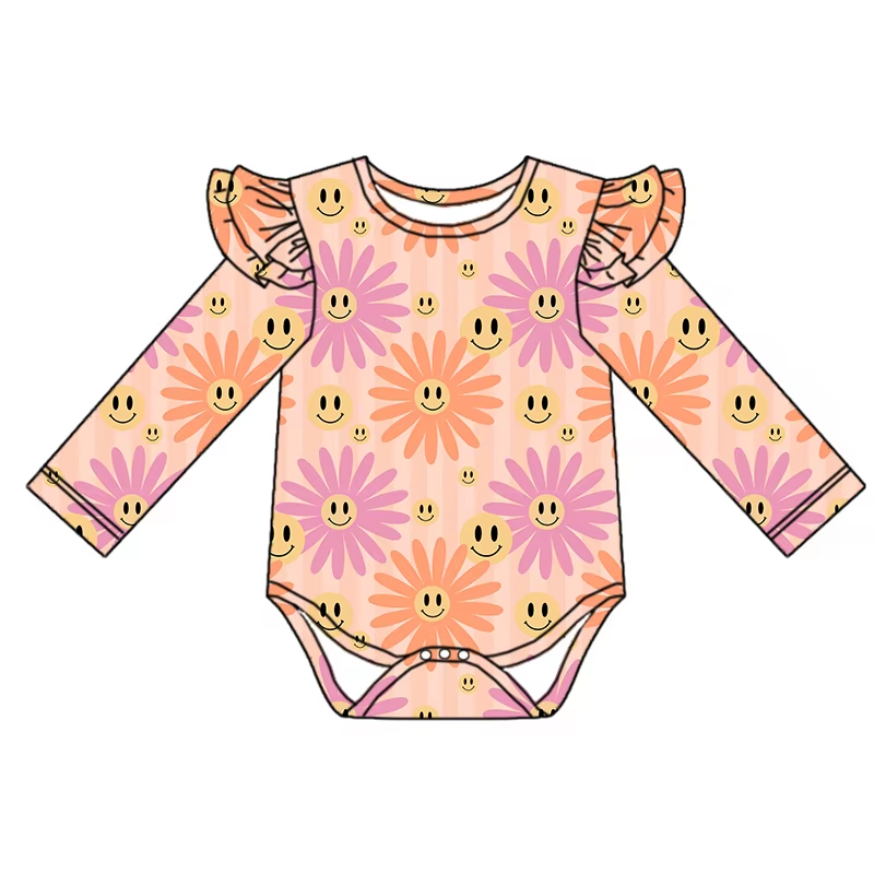 Custom moq 3 eta 6-8weeks Smiley face big daisy nude orange long sleeve flying sleeve romper