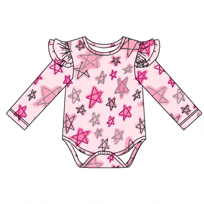 Custom moq 3 eta 6-8weeks Irregular five-pointed star pink long-sleeved flying sleeves romper
