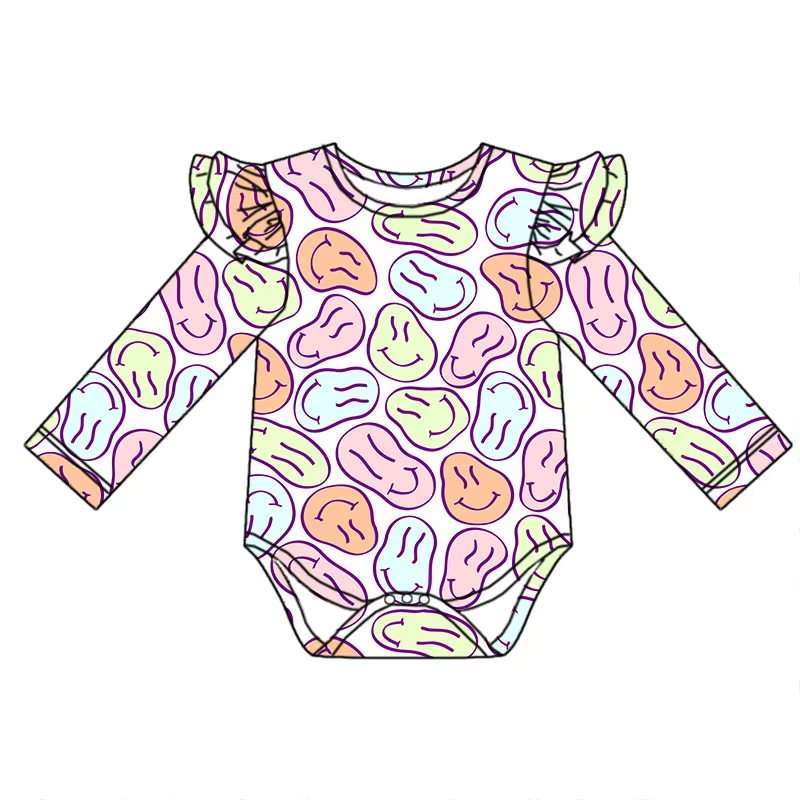 Custom moq 3 eta 6-8weeks   Irregular smiley face light pink long-sleeved flying sleeves jumpsuit