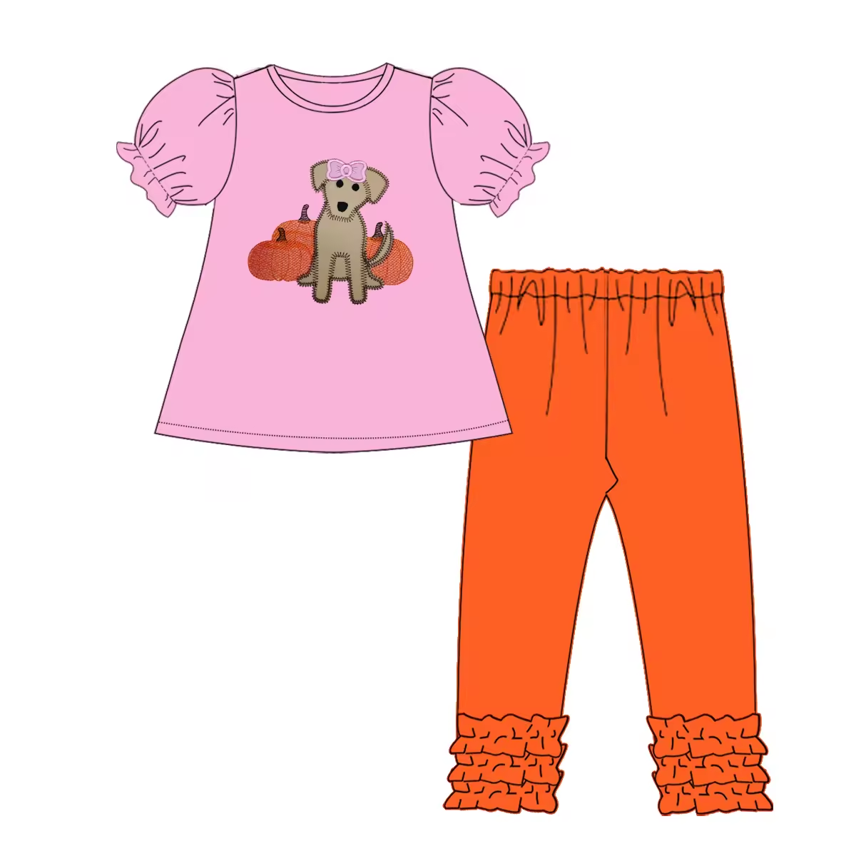 Custom moq 3 eta 6-8weeks Pink Bow Puppy Puff Short Sleeve-Orange Pants Set