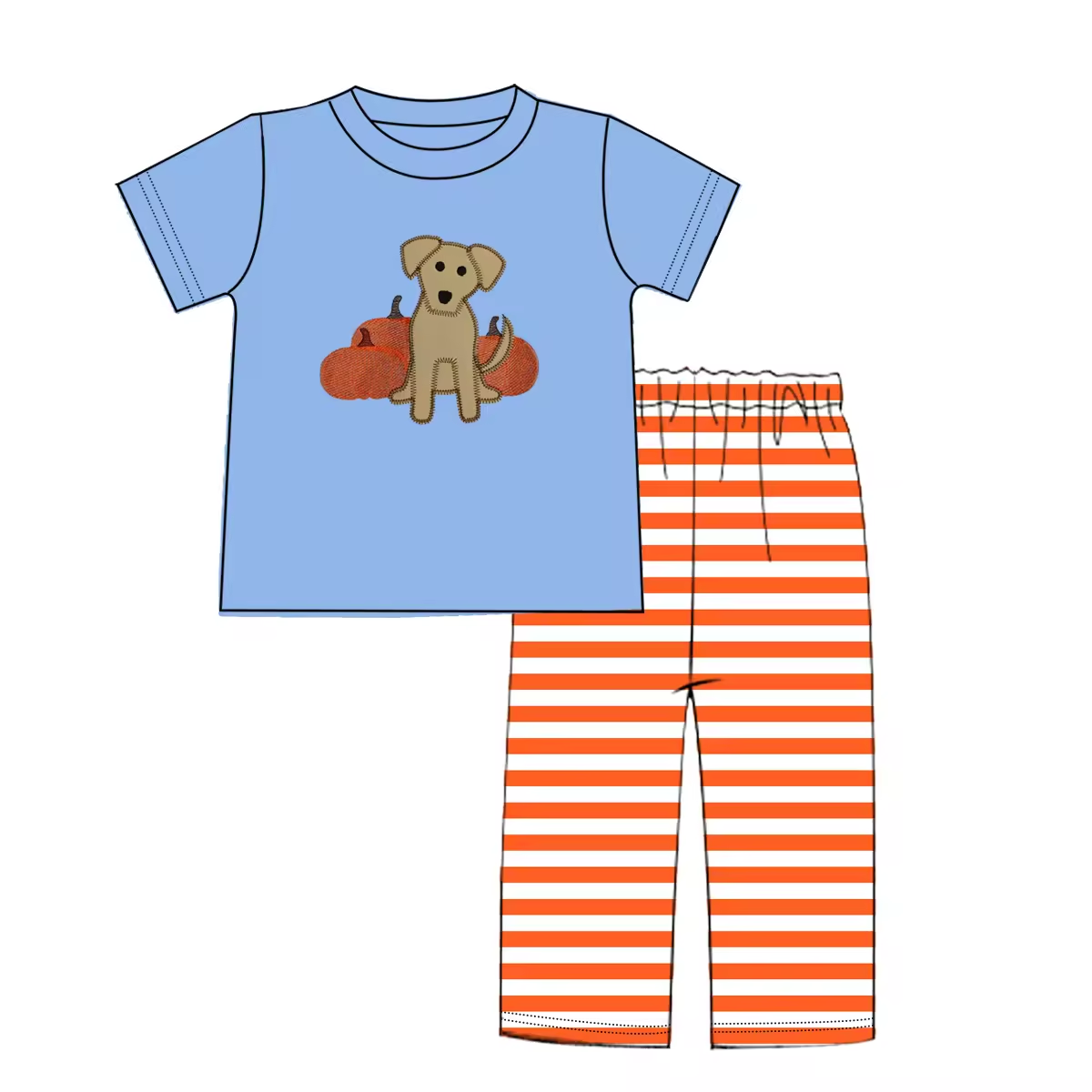Custom moq 3 eta 6-8weeks Blue Puppy Pumpkin Short Sleeve-Orange Striped Pants Set