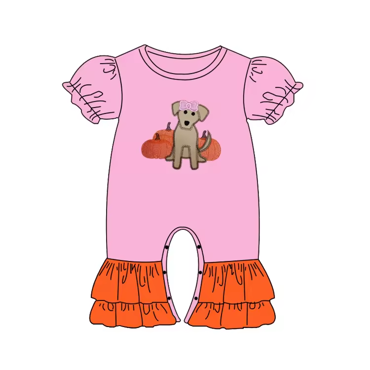 Custom moq 3 eta 6-8 weeks  Embroidered Pumpkin Puppy Pink Bubble Short Sleeve Long Romper