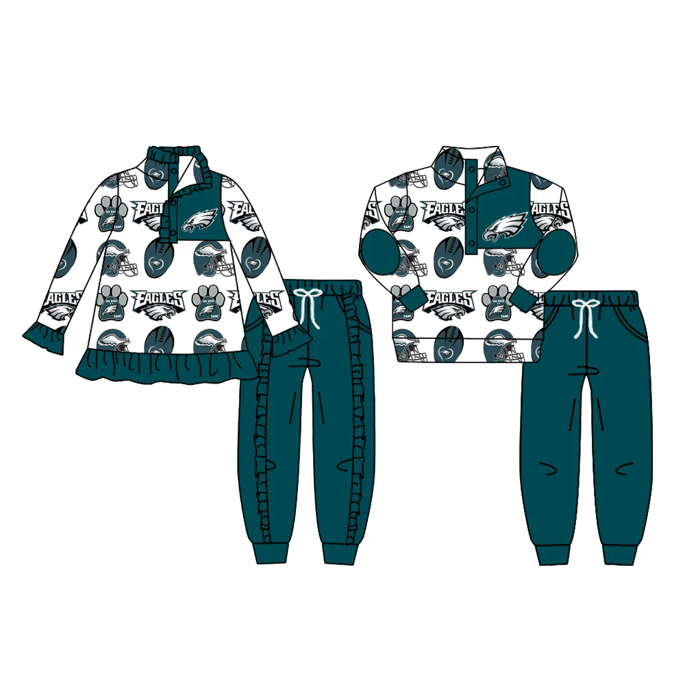 Custom moq 3 MIX SIZE  eta 7/8week moq 5 eta /4/5week  Dark green animal footprints-letter pattern boys and girls button pullover long mixed suit