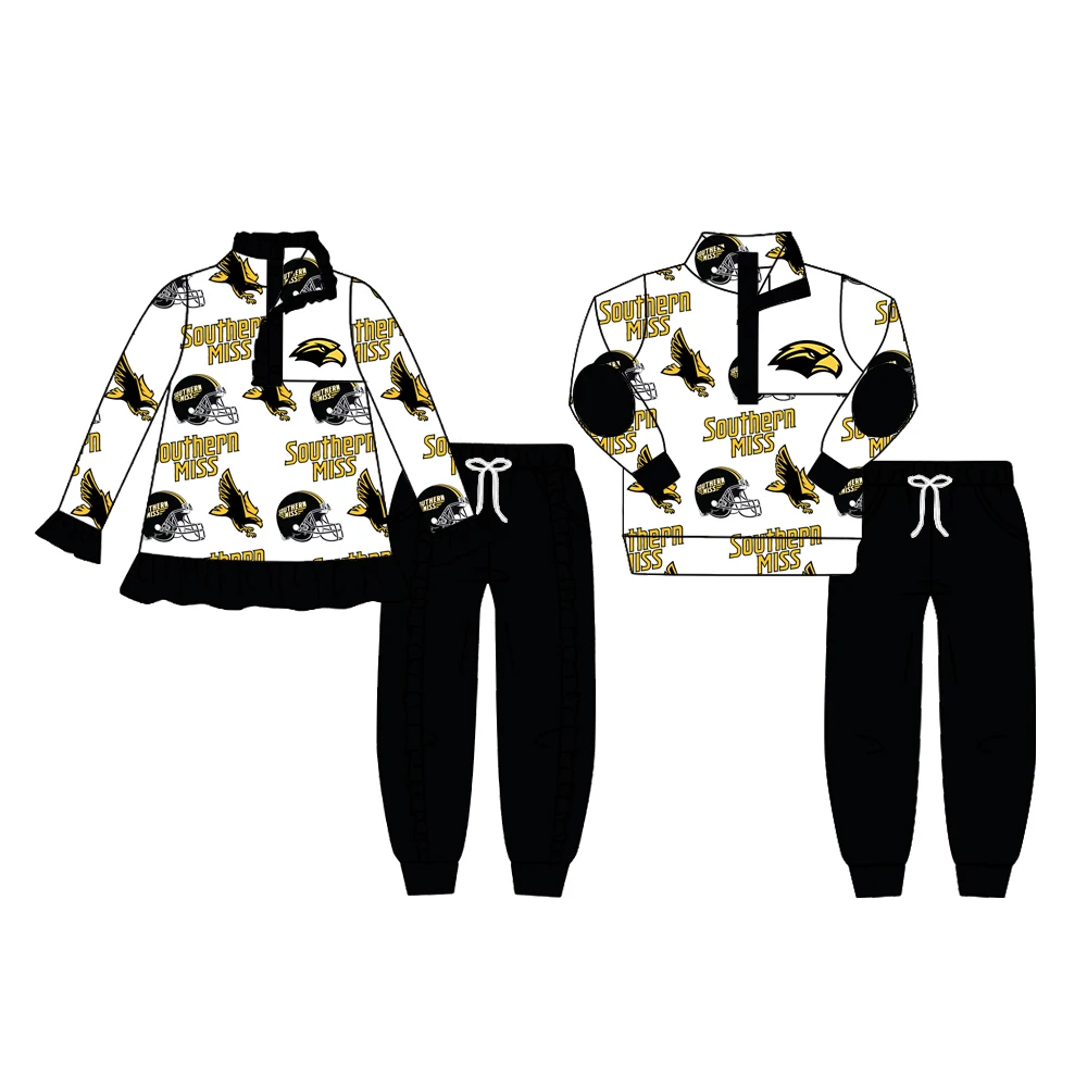 Custom moq 3 MIX SIZE  eta 7/8week moq 5 eta /4/5week Black sports helmet letter pattern boys and girls button pullover long mixed suit