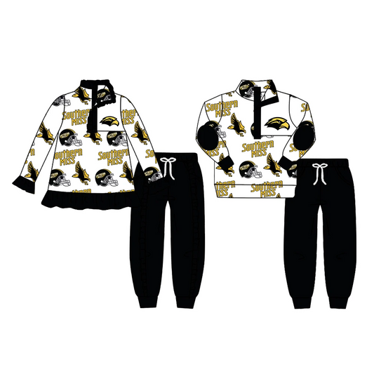 Custom moq 3 MIX SIZE  eta 7/8week moq 5 eta /4/5week Black sports helmet letter pattern boys and girls button pullover long mixed suit
