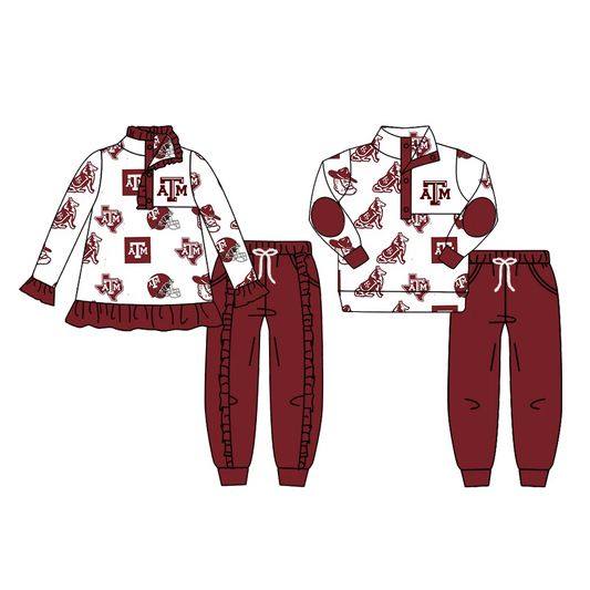 Custom moq 3 MIX SIZE  eta 7/8week moq 5 eta /4/5week Maroon letters "ATM" - puppy pattern boy and girl button pullover long mixed suit