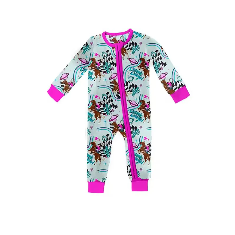 Custom moq 3 eta 6-8 weeks Horse black and white plaid light green long romper