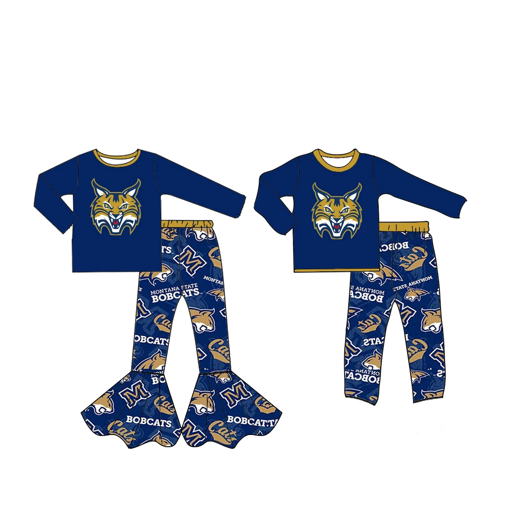 Custom moq 3 MIX SIZE  eta 7/8week moq 5 eta /4/5week Fierce cat head pattern navy blue long sleeves and long pants boys and girls mixed suit