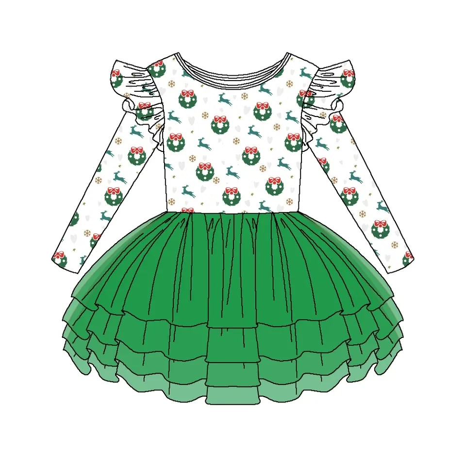 Custom moq 3 eta 6-8weeks Green Elk Bow Flying Sleeve Long Sleeve Tutu Skirt