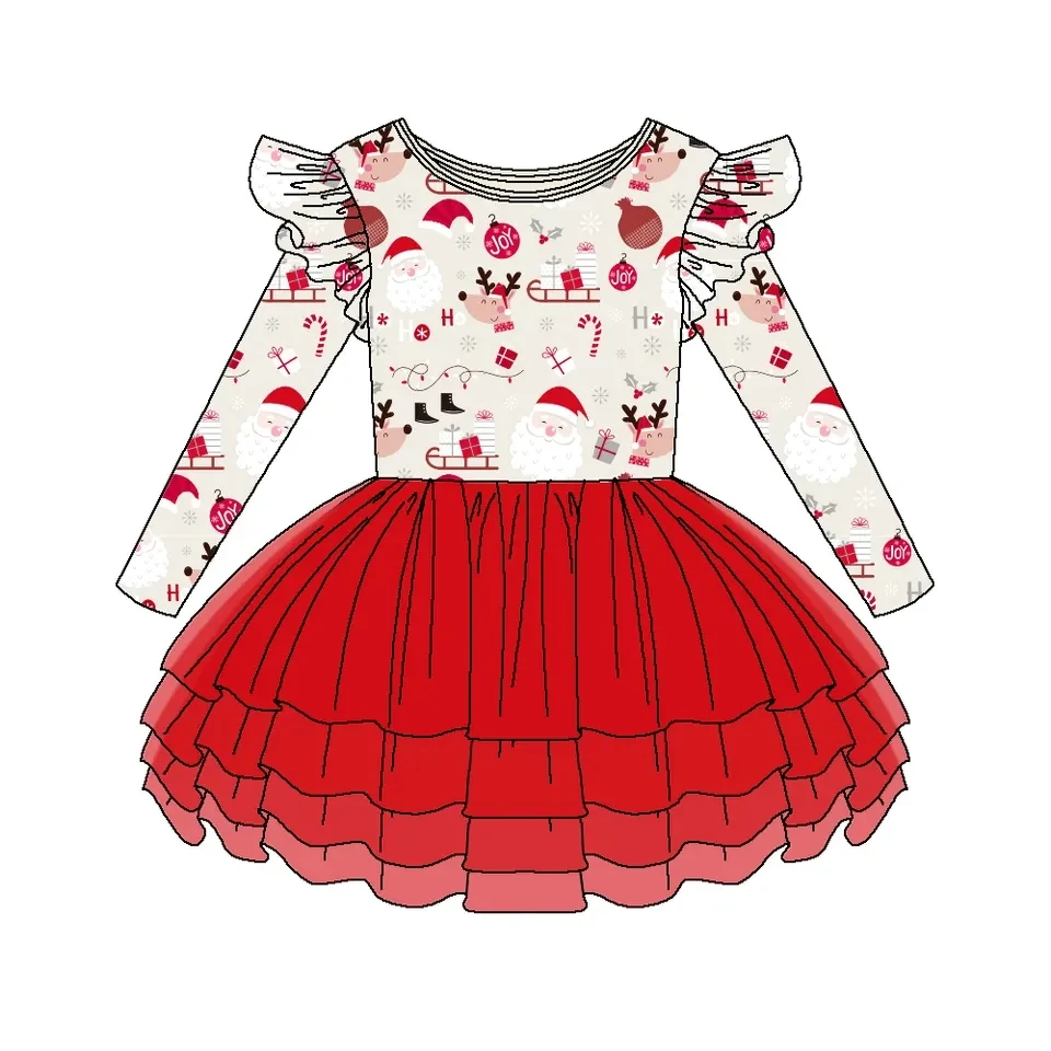 Custom moq 3 eta 6-8weeks Red Santa Claus-Elk Flying Sleeve Long Sleeve Tutu Skirt