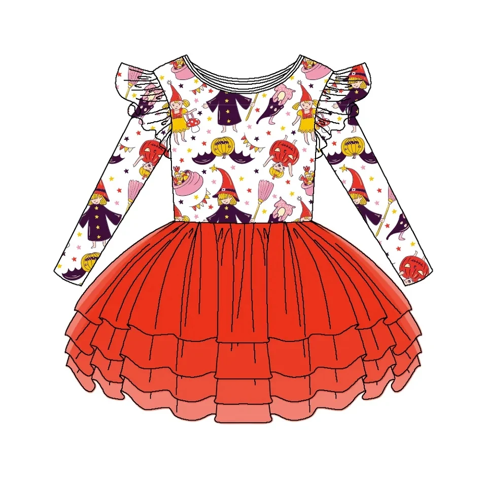 Custom moq 3 eta 6-8weeks  Orange Halloween Little Girl Flying Sleeve Long Sleeve Tutu Skirt