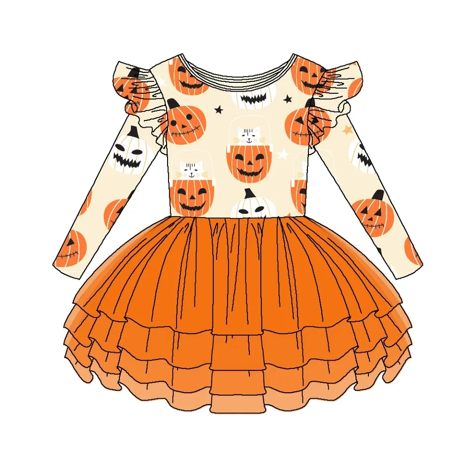 Custom moq 3 eta 6-8weeks  Orange Halloween Pumpkin Kitten Flying Sleeve Long Sleeve Tutu Skirt