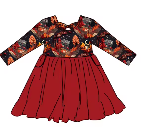 Custom moq 3 eta 6-8weeks Maroon Autumn Leaves Print Long Sleeve Dress