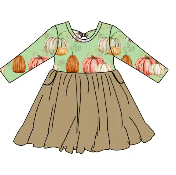 Custom moq 3 eta 6-8weeks Pumpkin Green Brown Stitching Long Sleeve Dress