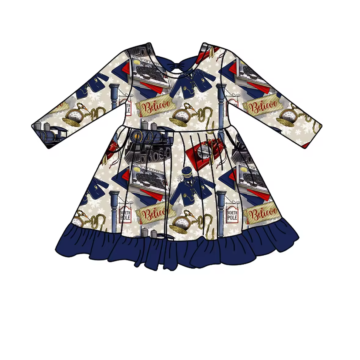Custom moq 3 eta 6-8weeks Dark Blue Train-Uniform-Alarm Clock Printed Ruffled Lace Long Sleeve Dress