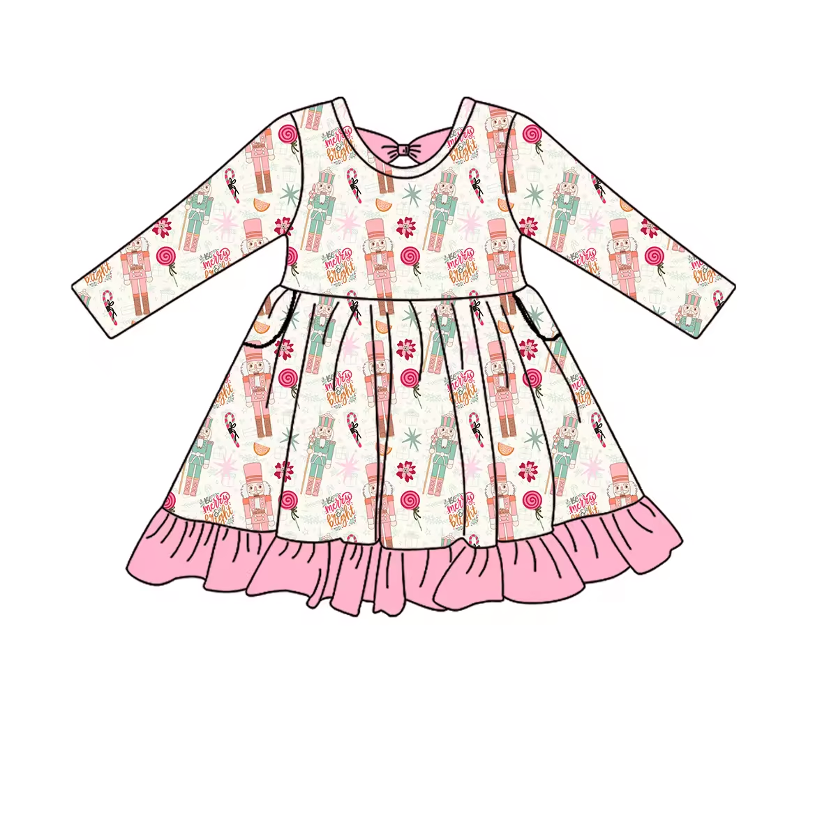 Custom moq 3 eta 6-8weeks Pink and White Christmas Puppet Knight Pleated Skirt Long Sleeve Dress