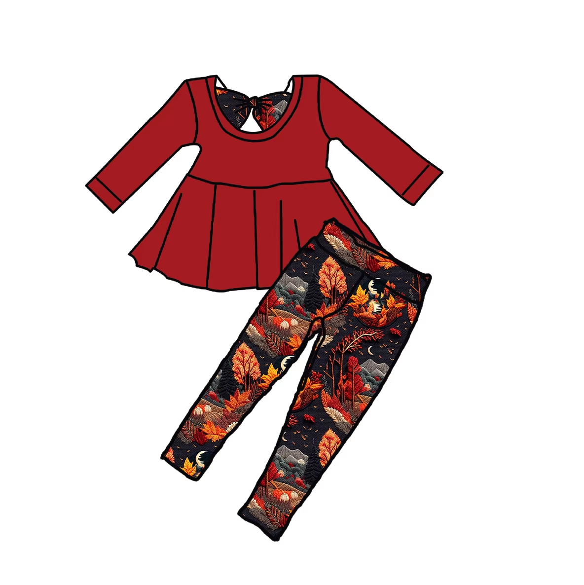 Custom moq 3 eta 6-8weeks Maroon Long Sleeve Top-Autumn Maple Black Pants Set
