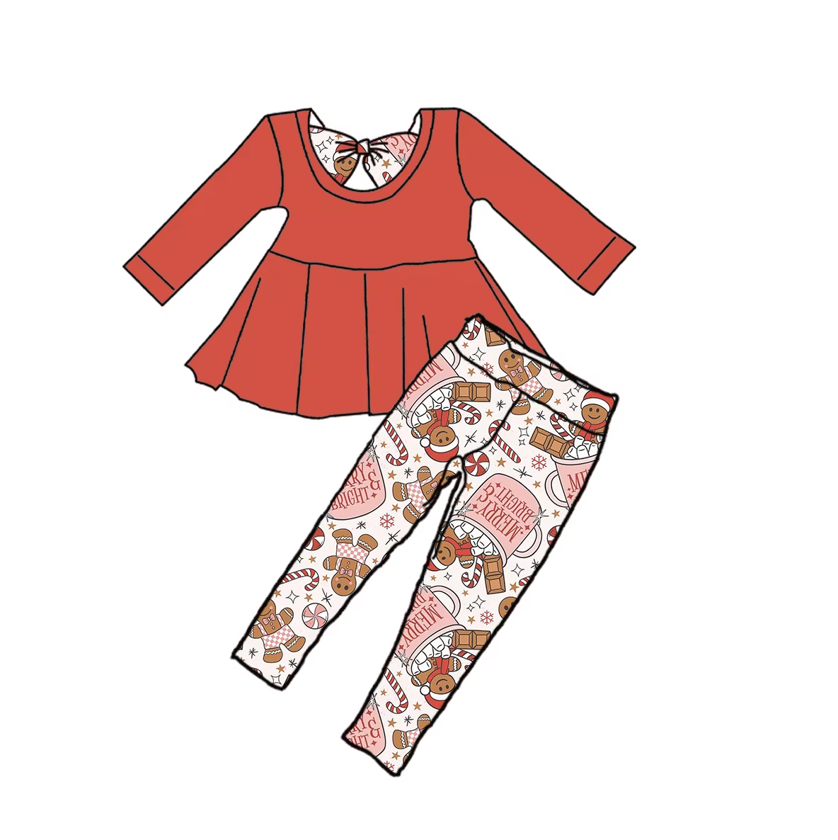 Custom moq 3 eta 6-8weeks  Light red bow back decorated long-sleeved top - cup bear white trousers set