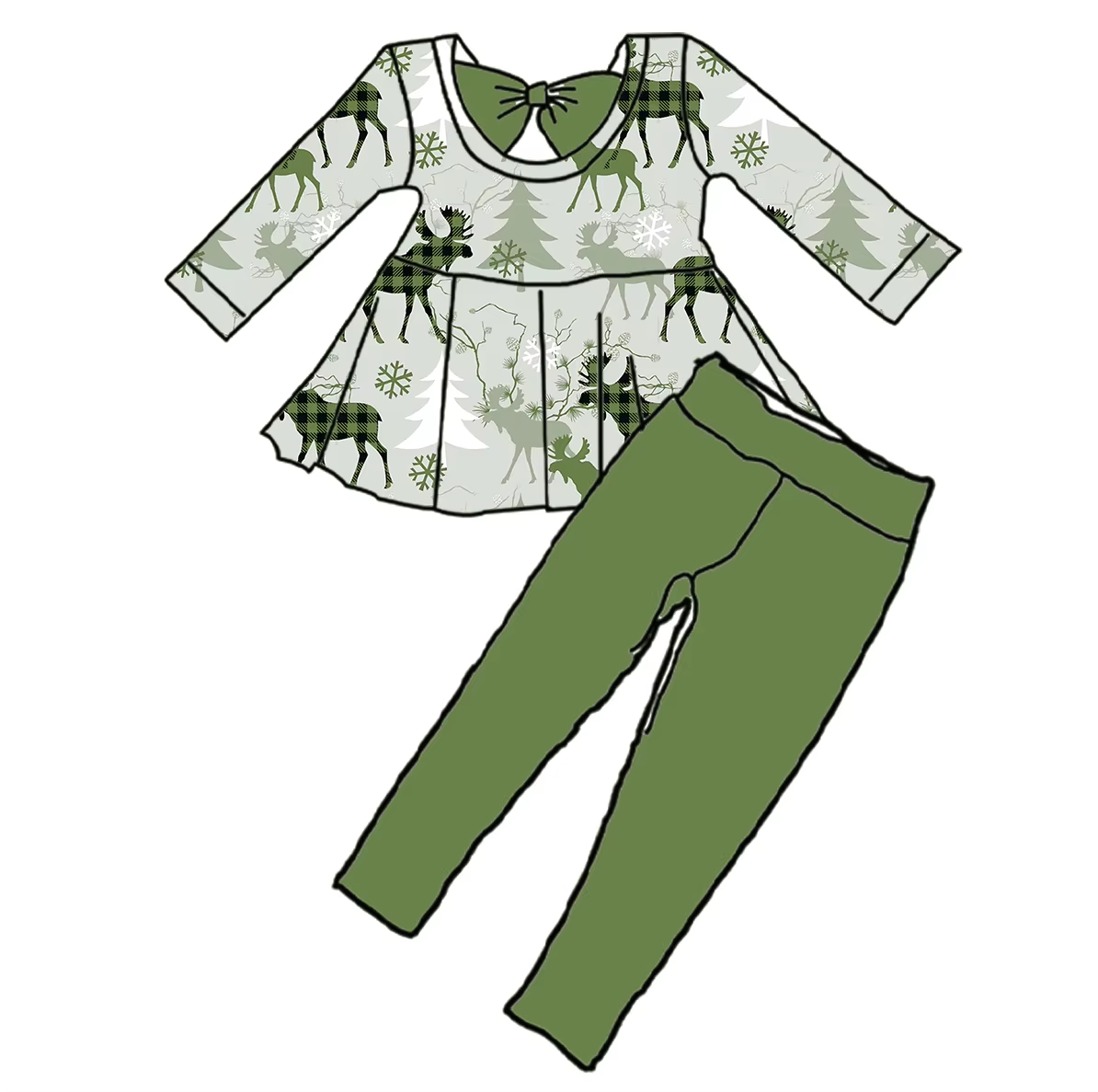 Custom moq 3 eta 6-8weeks  Green elk-snowflake-bow back decorated long sleeve suit
