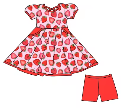 Custom moq 3 eta 6-8weeks Red Strawberry Puff Sleeves Ruffled Hem - Shorts Set