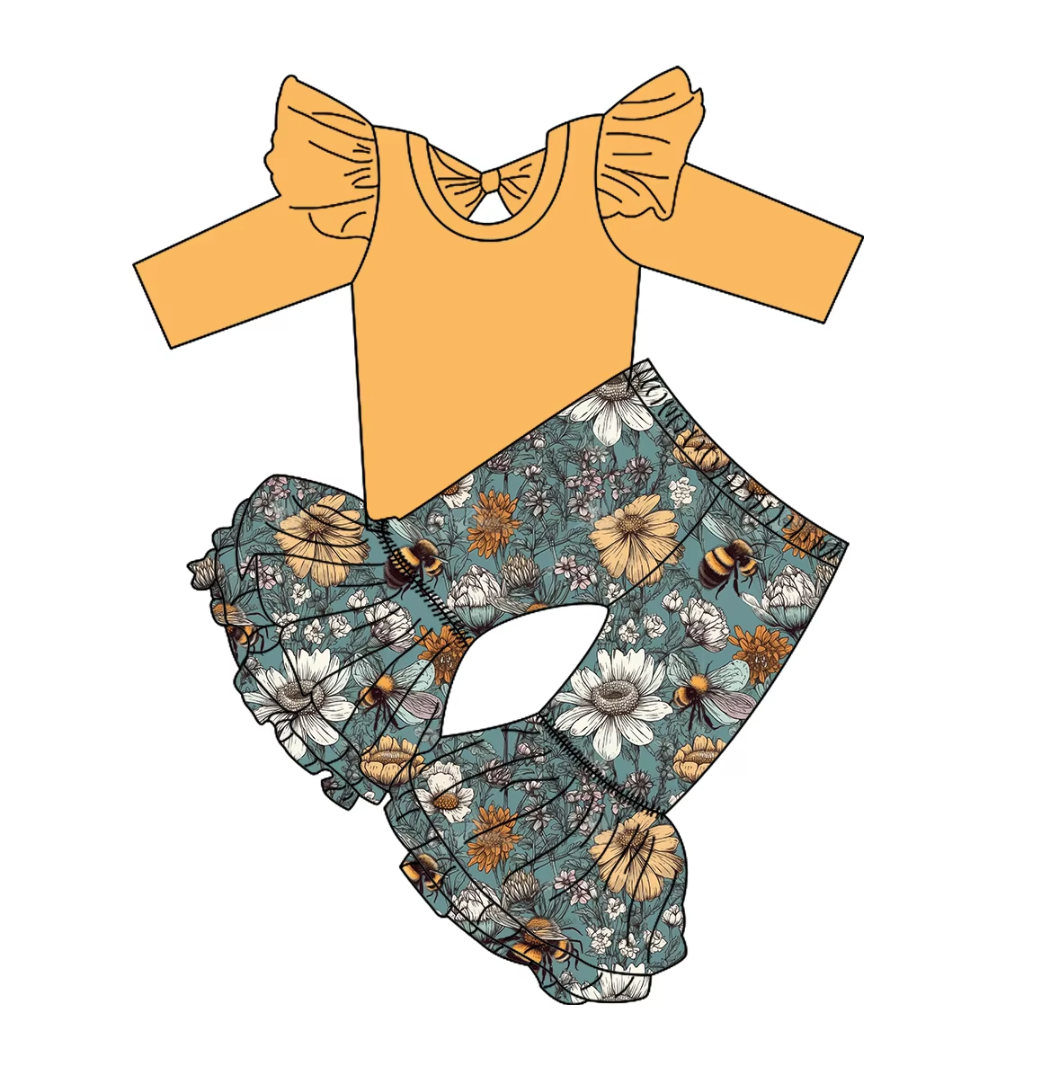 Custom moq 3 eta 6-8weeks Orange flying sleeve shoulder design solid color long-sleeved top-bee flower big bell-bottom pants suit