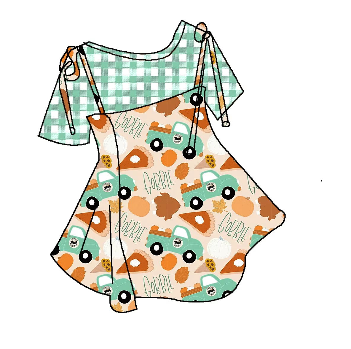Custom moq 3 eta 6-8weeks Green plaid short sleeve, pickup truck-pizza-letter overalls skirt set