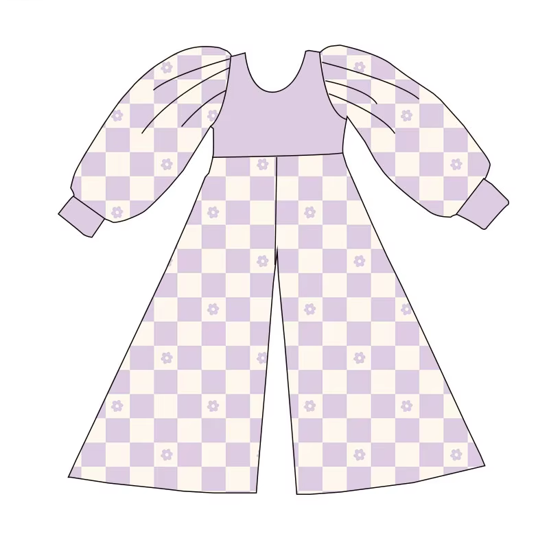 Custom moq 3 eta 6-8weeks Light Purple & Beige Plaid Long Sleeve Long Pants Loose Bodysuit