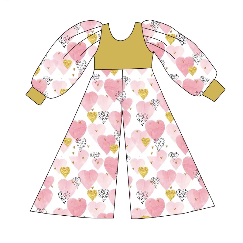 Custom moq 3 eta 6-8weeks Pink Heart Loose Long Sleeve Trousers Jumpsuit