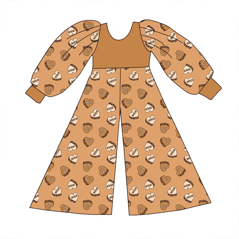 Custom moq 3 eta 6-8weeks Brown and yellow three-dimensional love letter loose long-sleeved trousers jumpsuit