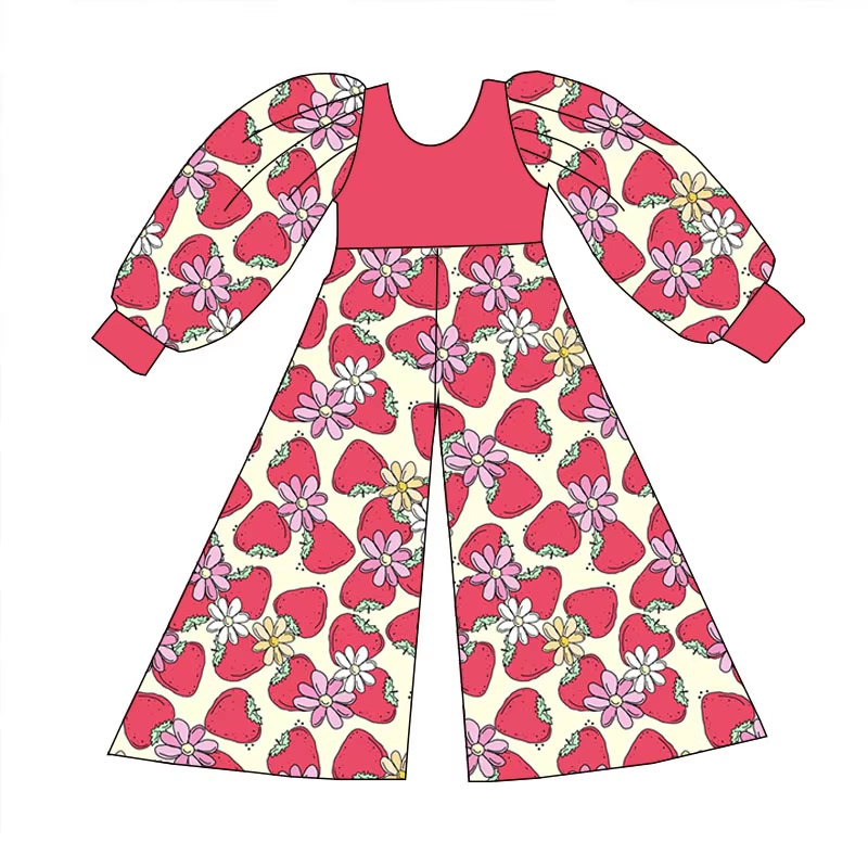 Custom moq 3 eta 6-8weeks Red Strawberry-Flower Pattern Loose Long Sleeve Long Pants Bodysuit