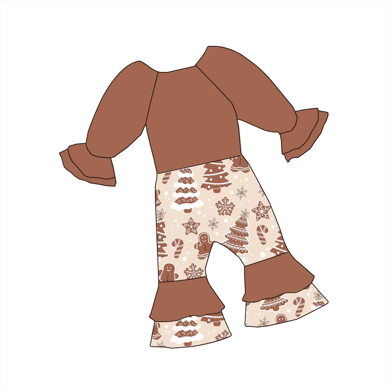 Custom moq 3 eta 6-8weeks Brown long-sleeved, long-pants, flared jumpsuit with snowflake Christmas tree pattern