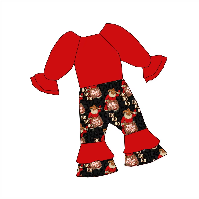 Custom moq 3 eta 6-8weeks Western Cowboy Style Santa Claus Red Long Sleeve Long Pants Flared Jumpsuit
