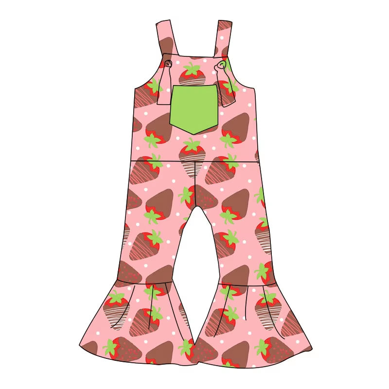 Custom moq 3 eta 6-8weeks Brown Strawberry Pattern Pink Overalls - Flared Style