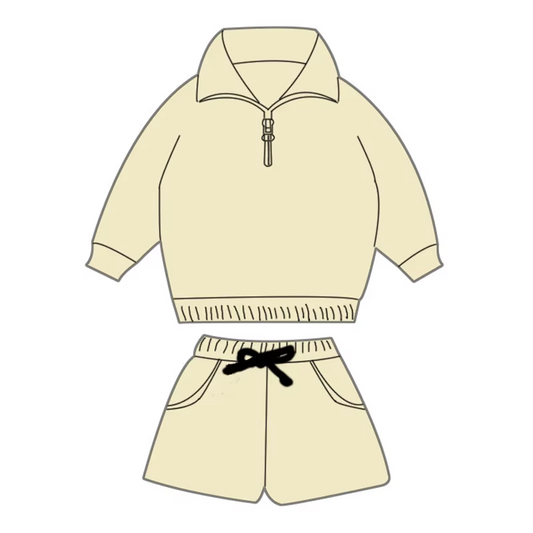Custom moq 3 eta 6-8 weeks Beige Loose Zipper Pullover Long Sleeve Top Shorts Set