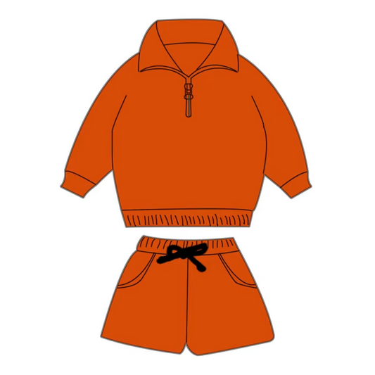Custom moq 3 eta 6-8 weeks Pumpkin Loose Zipper Pullover Solid Color Long Sleeve Top Shorts Set