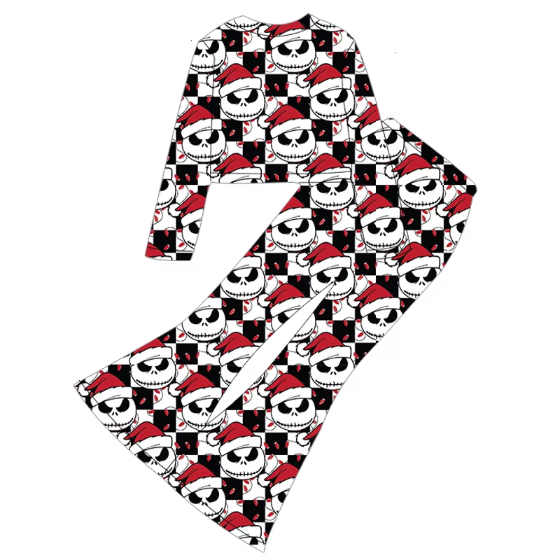 Custom moq 3 eta 6-8 weeks Mutated Smiley Face Black and White Plaid Long Sleeve Cropped Top-Tight Flared Pants Set