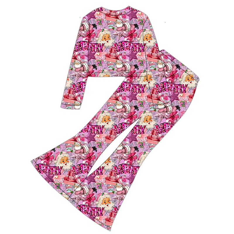Custom moq 3 eta 6-8 weeks Pink Christmas Gift Long Sleeve Cropped Top-Tight Flared Pants Set