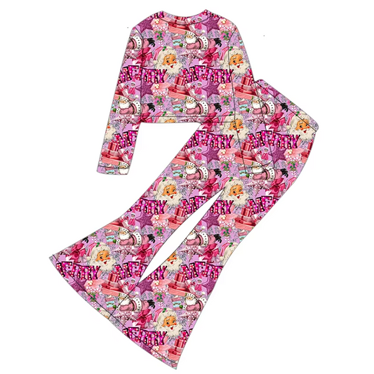 Custom moq 3 eta 6-8 weeks Pink Christmas Gift Long Sleeve Cropped Top-Tight Flared Pants Set