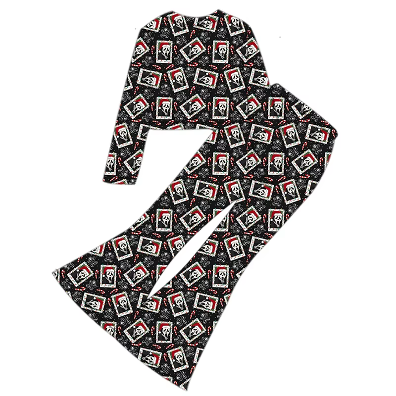 Custom moq 3 eta 6-8 weeks Ghost wearing Santa hat black long-sleeved cropped top-tight flared pants set
