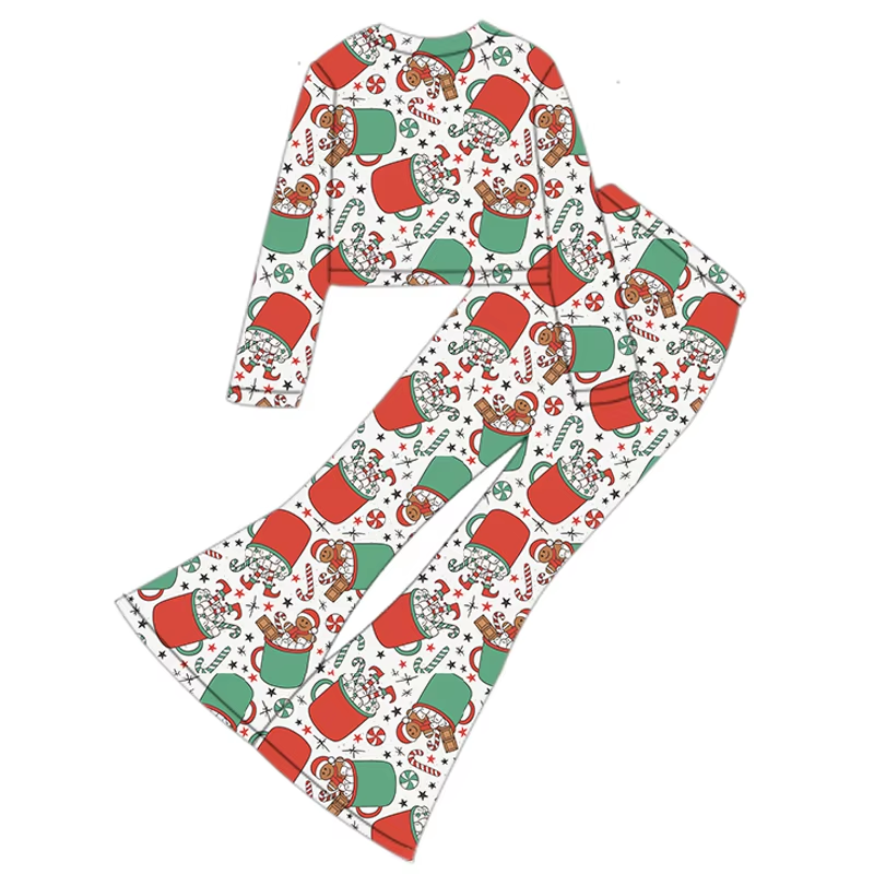 Custom moq 3 eta 6-8 weeks Christmas Teacup Bear Pattern Red and Green Long Sleeve Cropped Top - Tight Flared Pants Set