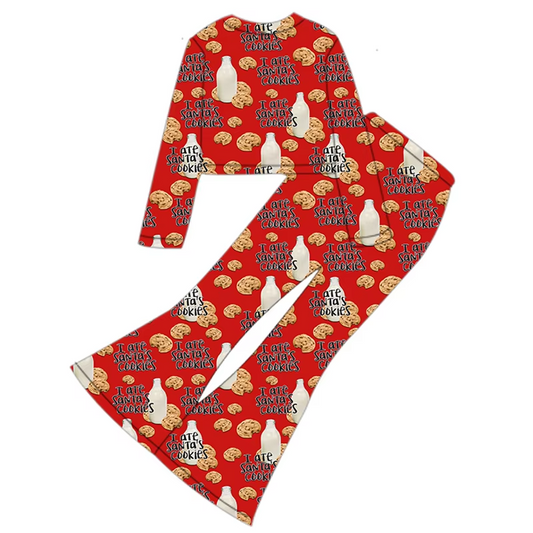 Custom moq 3 eta 6-8 weeks Milk Cookies Letter Pattern Red Long Sleeve Cropped Top-Tight Flared Pants Set