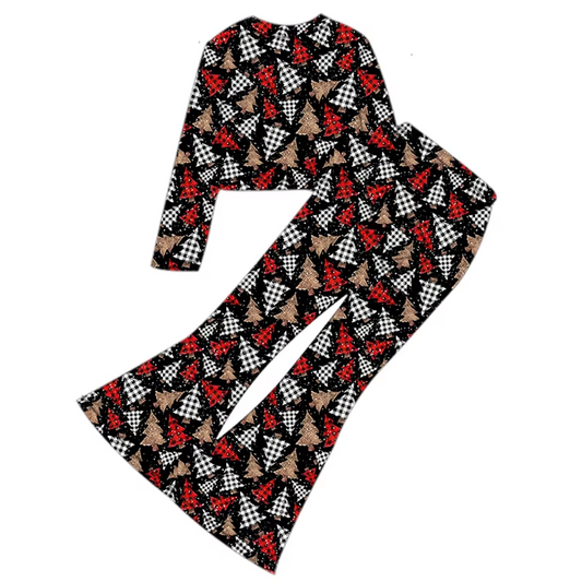 Custom moq 3 eta 6-8 weeks Red and black plaid Christmas tree pattern black long-sleeved crop top and tight flared pants set