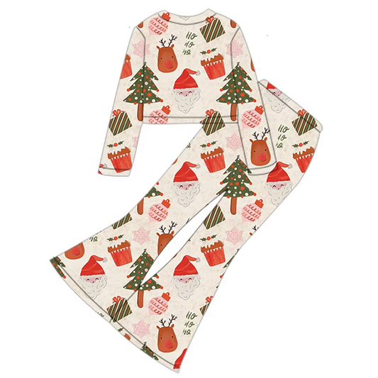 Custom moq 3 eta 6-8 weeks Christmas pattern beige long-sleeved crop top and tight flared pants set