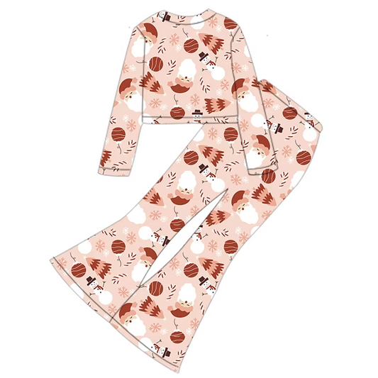 Custom moq 3 eta 6-8 weeks Santa Claus & Pine Tree Pattern Lotus Pink Long Sleeve Cropped Top-Tight Flared Pants Set