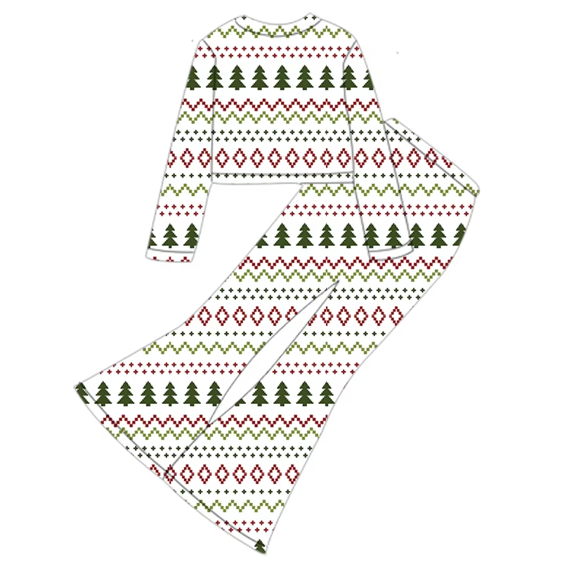 Custom moq 3 eta 6-8 weeks Red and green wavy geometric pattern white long-sleeved cropped top and tight flared pants set