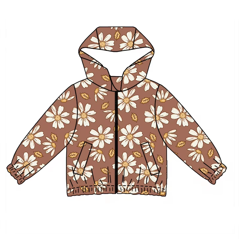 Custom moq 3 eta 6-8 weeks Off-White Chrysanthemum Pattern Brown Long Sleeve Zip-Up Hooded Jacket