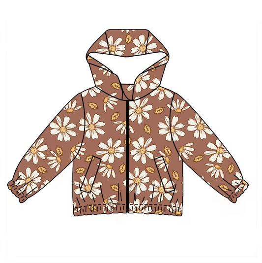 Custom moq 3 eta 6-8 weeks Off-White Chrysanthemum Pattern Brown Long Sleeve Zip-Up Hooded Jacket
