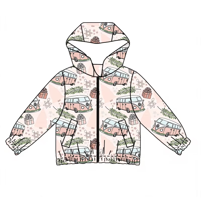 Custom moq 3 eta 6-8 weeks Light Pink School Bus-Gift Box-Leaf Long Sleeve Zip-Up Hooded Jacket